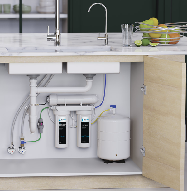 PureTap USRO-3S1-2W reverse osmosis system installed under a kitchen sink